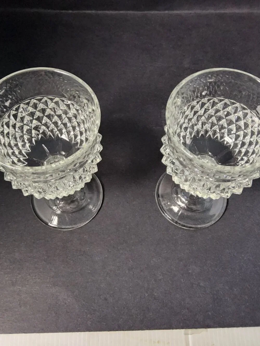 Vintage Set of 2 1960's Indiana Glass Diamond Point Clear Pedestal Wine Goblet.
